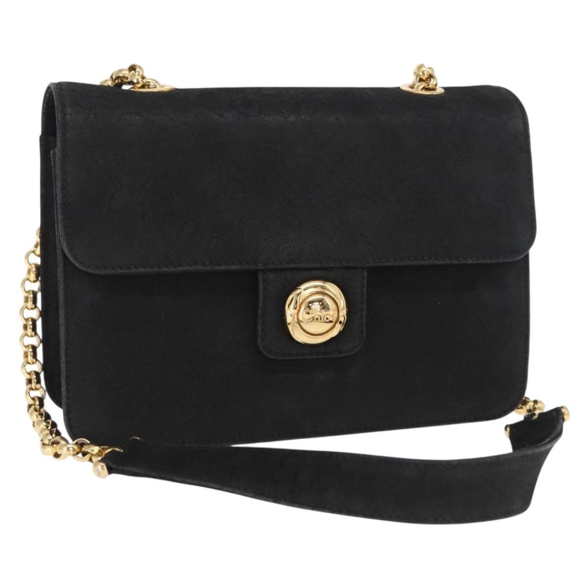 Chloe Chain Shoulder Bag Suede Black Gold Auth Ba9157